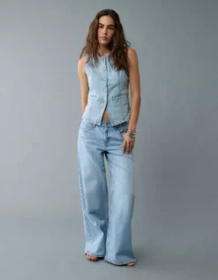 AE Crew Neck Button-Up Denim Vest Light Wash -American Eagle Fashion 2351 6335 915 os