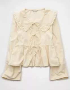 AE Long Sleeve Tie-Front Blouse Cream -American Eagle Fashion 2351 6337 106 f