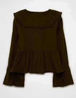 AE Long Sleeve Tie-Front Blouse Olive -American Eagle Fashion 2351 6337 309 b