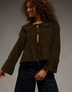 AE Long Sleeve Tie-Front Blouse Olive -American Eagle Fashion 2351 6337 309 d2