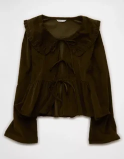 AE Long Sleeve Tie-Front Blouse Olive -American Eagle Fashion 2351 6337 309 f