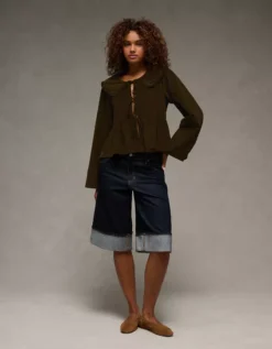 AE Long Sleeve Tie-Front Blouse Olive -American Eagle Fashion 2351 6337 309 os