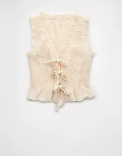 AE Tie-Front Smocked Tank Top Cream -American Eagle Fashion 2351 6341 106 f