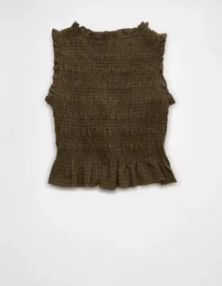 AE Tie-Front Smocked Tank Top Olive -American Eagle Fashion 2351 6341 309 b