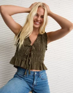 AE Tie-Front Smocked Tank Top Olive -American Eagle Fashion 2351 6341 309 d2