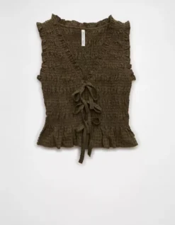 AE Tie-Front Smocked Tank Top Olive -American Eagle Fashion 2351 6341 309 f
