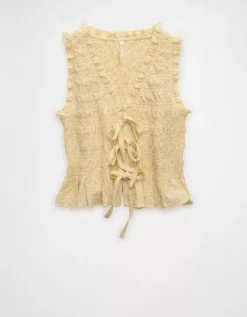 AE Tie-Front Smocked Tank Top Yellow -American Eagle Fashion 2351 6341 700 f