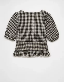 AE V-Neck Puff Sleeve Corset Shirt Black -American Eagle Fashion 2351 6348 001 b