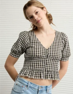 AE V-Neck Puff Sleeve Corset Shirt Black