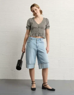 AE V-Neck Puff Sleeve Corset Shirt Black -American Eagle Fashion 2351 6348 001 os