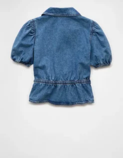 AE Denim Collared Puff Sleeve Tie Front Shirt Medium Wash -American Eagle Fashion 2351 6384 936 b