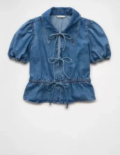 AE Denim Collared Puff Sleeve Tie Front Shirt Medium Wash -American Eagle Fashion 2351 6384 936 f