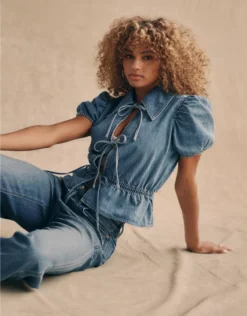 AE Denim Collared Puff Sleeve Tie Front Shirt Medium Wash