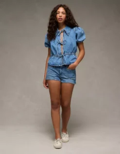 AE Denim Collared Puff Sleeve Tie Front Shirt Medium Wash -American Eagle Fashion 2351 6384 936 os