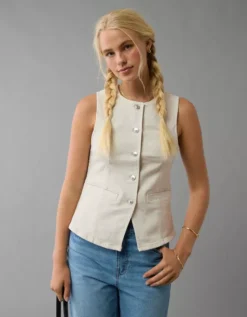 AE Crew Neck Button-Up Vest Bone Khaki -American Eagle Fashion 2351 6400 210 os