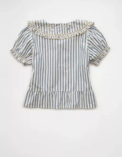 AE Collared Puff Sleeve Tie Front Blouse Blue -American Eagle Fashion 2351 6415 400 b