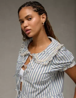 AE Collared Puff Sleeve Tie Front Blouse Blue -American Eagle Fashion 2351 6415 400 d2