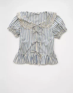 AE Collared Puff Sleeve Tie Front Blouse Blue -American Eagle Fashion 2351 6415 400 f