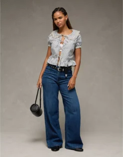 AE Collared Puff Sleeve Tie Front Blouse Blue