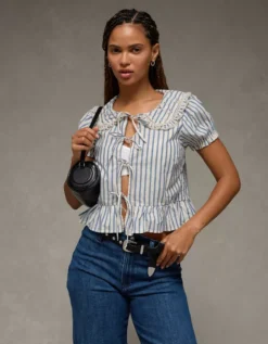 AE Collared Puff Sleeve Tie Front Blouse Blue -American Eagle Fashion 2351 6415 400 os