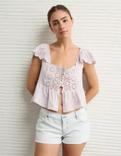 AE Cap Sleeve Eyelet Blouse Lavender -American Eagle Fashion 2351 6478 580 os