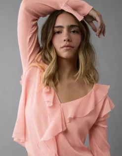 AE Chiffon Bell Sleeve Ruffle Blouse Light Pink -American Eagle Fashion 2351 6539 610 d2