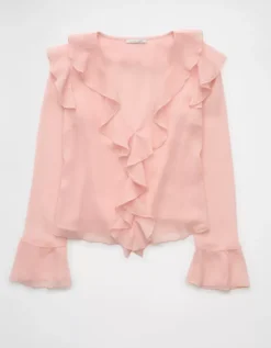 AE Chiffon Bell Sleeve Ruffle Blouse Light Pink -American Eagle Fashion 2351 6539 610 f