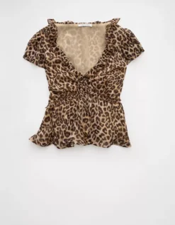 AE V-Neck Chiffon Babydoll Blouse Brown -American Eagle Fashion 2351 6554 200 f