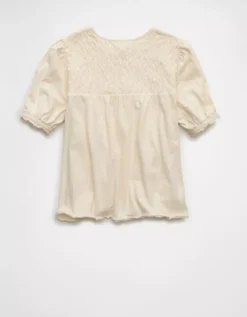 AE Sunchaser High Neck Puff Sleeve Smocked T-Shirt Cream -American Eagle Fashion 2372 1084 106 b