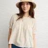 AE Sunchaser High Neck Puff Sleeve Smocked T-Shirt Cream