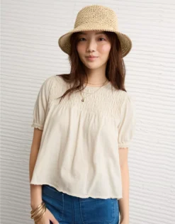 AE Sunchaser High Neck Puff Sleeve Smocked T-Shirt Cream