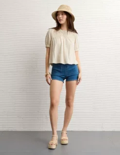 AE Sunchaser High Neck Puff Sleeve Smocked T-Shirt Cream -American Eagle Fashion 2372 1084 106 os