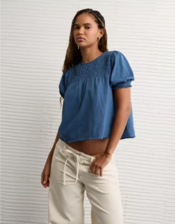 AE Sunchaser High Neck Puff Sleeve Smocked T-Shirt Navy