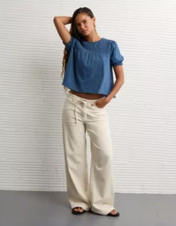 AE Sunchaser High Neck Puff Sleeve Smocked T-Shirt Navy -American Eagle Fashion 2372 1084 410 os