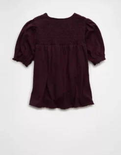 AE Sunchaser High Neck Puff Sleeve Smocked T-Shirt Moonlight -American Eagle Fashion 2372 1084 689 b