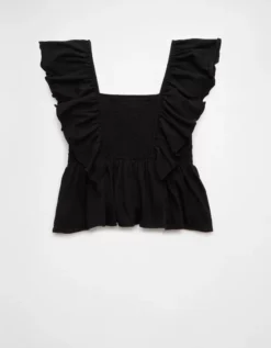 AE Sunchaser Knit Flutter Sleeve Babydoll Shirt True Black -American Eagle Fashion 2372 1111 073 b