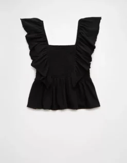 AE Sunchaser Knit Flutter Sleeve Babydoll Shirt True Black -American Eagle Fashion 2372 1111 073 f