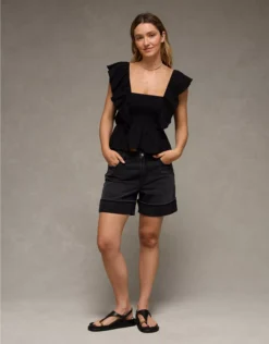 AE Sunchaser Knit Flutter Sleeve Babydoll Shirt True Black