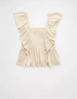 AE Sunchaser Knit Flutter Sleeve Babydoll Shirt Cream -American Eagle Fashion 2372 1111 106 f