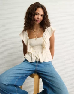 AE Sunchaser Knit Flutter Sleeve Babydoll Shirt Cream