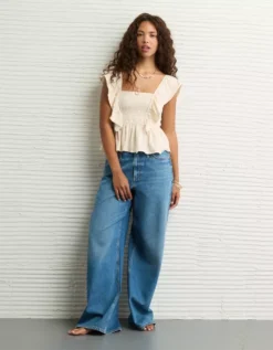 AE Sunchaser Knit Flutter Sleeve Babydoll Shirt Cream -American Eagle Fashion 2372 1111 106 os