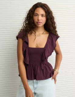AE Sunchaser Knit Flutter Sleeve Babydoll Shirt Moonlight -American Eagle Fashion 2372 1111 689 d2