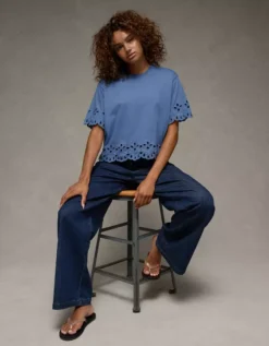 AE Boxy Eyelet T-Shirt Blue Vibe -American Eagle Fashion 2372 1112 421 os