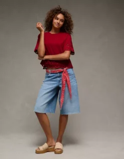 AE Boxy Eyelet T-Shirt Berry -American Eagle Fashion 2372 1112 669 os