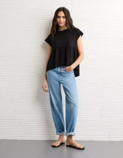 AE Sunchaser Knit Tie Back Babydoll T-Shirt Black -American Eagle Fashion 2372 1535 001 os