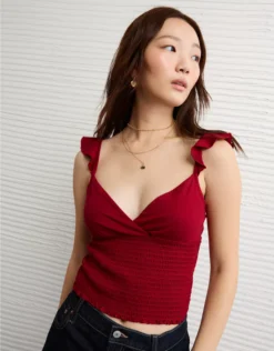 AE Sunchaser Knit Wrap Front Smocked Tank Top Berry