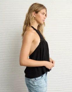 AE Sunchaser Knit Crochet Halter Top True Black -American Eagle Fashion 3171 6197 073 os