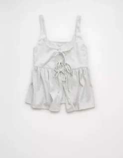 AE Tie Front Flyaway Babydoll Tank Top Light Heather Gray -American Eagle Fashion 3171 6250 092 f