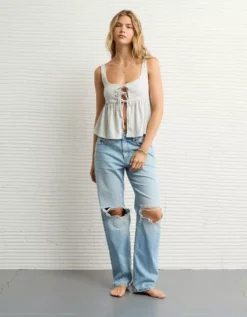 AE Tie Front Flyaway Babydoll Tank Top Light Heather Gray -American Eagle Fashion 3171 6250 092 os