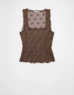 AE Square Neck Bow Mesh Tank Top Brown -American Eagle Fashion 3171 6333 200 f